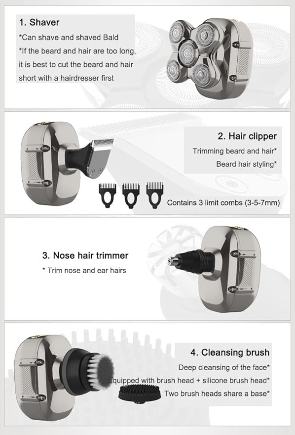 Head Shavers for Bald Men 5 in 1 Men Shaver Hair Clipper Wet &amp Dry Nose Hair Trimmer Face Washer Chargeable 5 Cutter Head for Shaving Haircut Shaved Blad