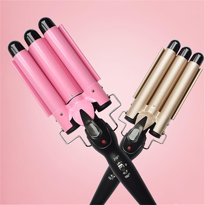 3 Barrels Hair Curler - Ceramic Hair Crimper Fast Heating Long Lasting Curling Crimpers Curling Iron with 2 Temperature Control Big Wave Curling Wand Tongs Best Gift for Women ( Color : Pink  Size