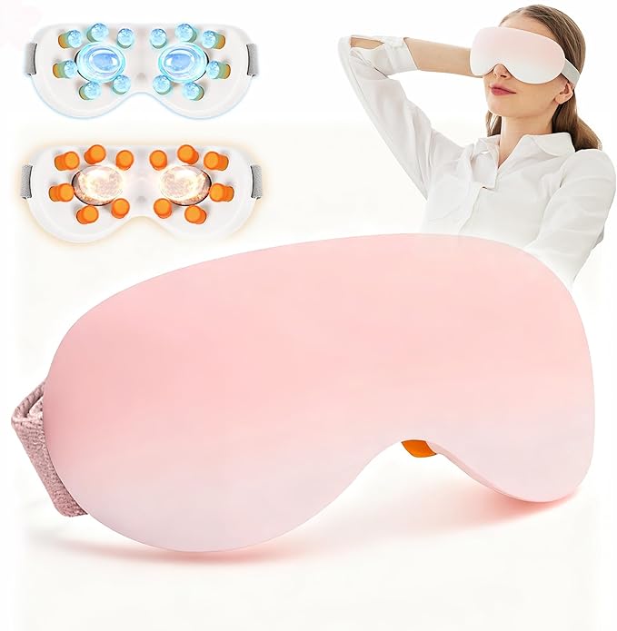 Eye Massager with Heat and Cooling for Migraines – 14 Massage Nodes for Eye Strain Relief Rechargeable Bluetooth Music Improve SleepEye Strain Relief Birthday Gifts for Women and Men(Pink)