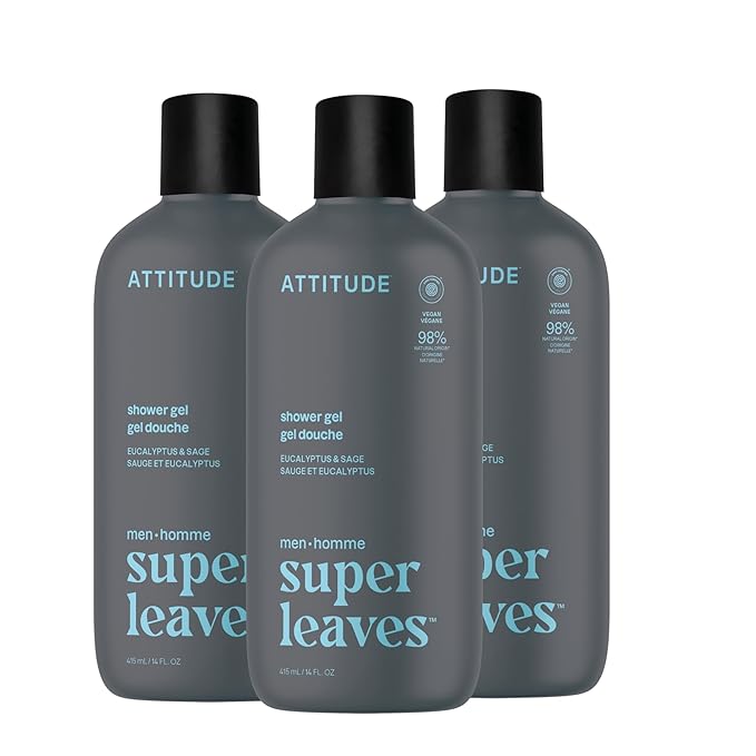 ATTITUDE Shower Gel Body Wash for Men 98% Natural Origin Ingredients Paraben &amp Phthalate Free EWG Verified Cleanses Without Drying Eucalyptus &amp Sage 14 Fl Oz (Pack of 3)