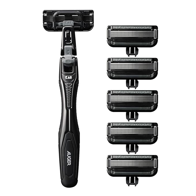 AUGER 5-Blade Razor Combo Pack with Holder and 6 Replacement Blades (Kai Corporation) AUGER Shaver Replacement Blades for Men and Men