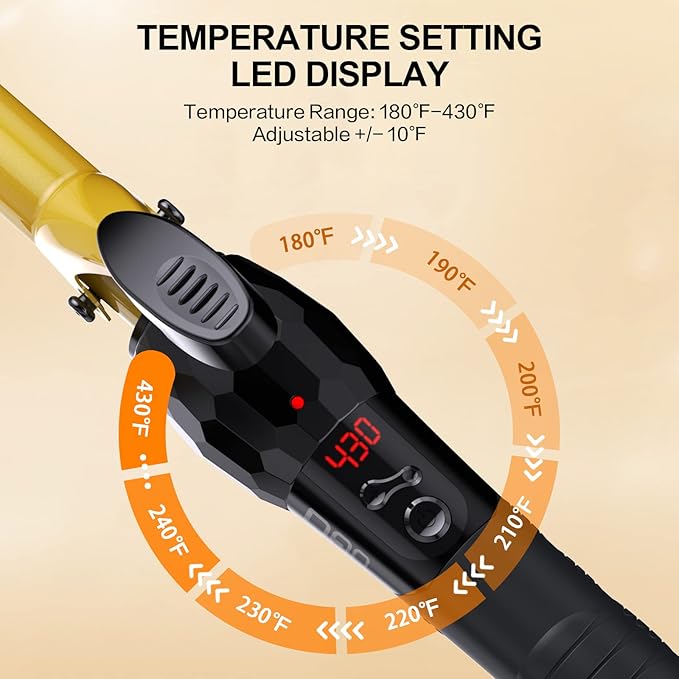 DAN Technology 5/8 Inch Curling Iron Wand Tourmaline Ceramic Hair Curler with LCD Display (180°F–430°F) Fast Heating Dual Voltage Auto Shut-Off Black &amp Gold