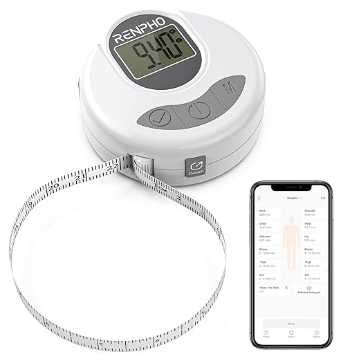 RENPHO Body Measuring Tape Bluetooth Smart Tape Measure with Lock Hook &amp Retractable Function Accurate Body Fat Measurement Device for Weight Loss Muscle Gain Fitness Bodybuilding 60in /150cm
