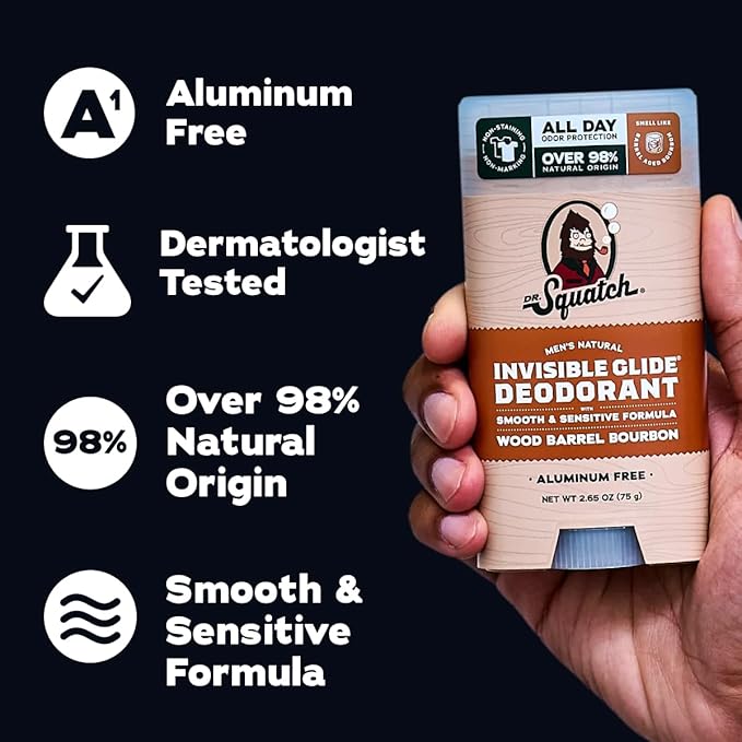Dr. Squatch Invisible Glide Natural Men’s Deodorant – Smooth Glide No Stains – Aluminum Free Deodorant Men – Safe for Sensitive Skin – Wood Barrel Bourbon + Rainforest Rapids 2.65oz (2-Pack)
