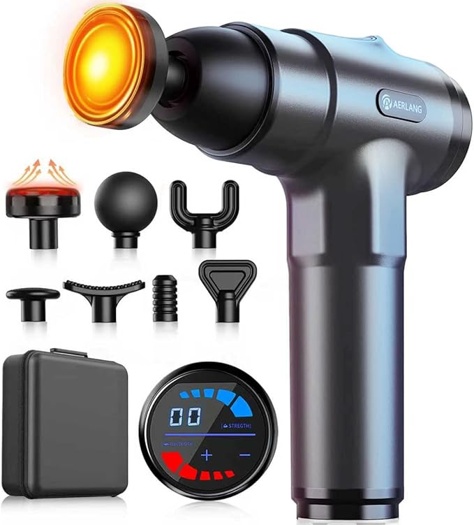 AERLANG Massage Gun with Heat Deep Tissue Back Massager Neck Massager for Pain ReliefMuscle Percussion Massage Gun Birthday Gifts for Men Women Dad him Handheld Message Gun with 7Heads&ampSilent