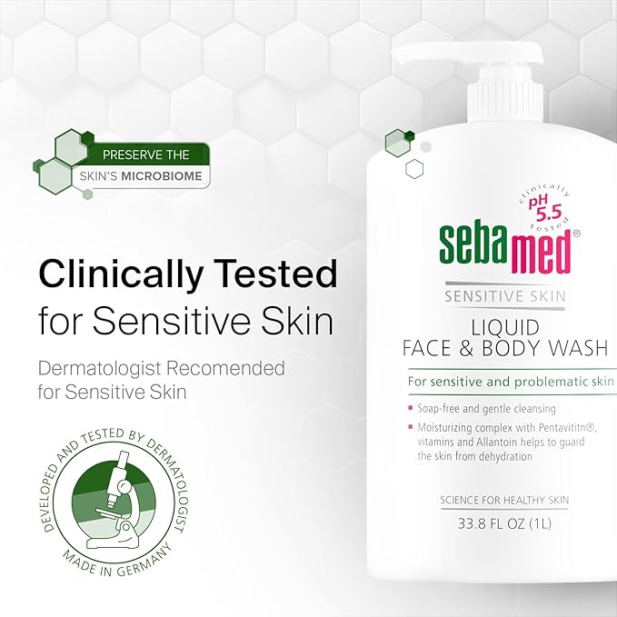 SEBAMED Sensitive Skin Face and Body Wash for Women and Men pH 5.5 Mild Gentle Hydrating Cleanser Hypoallergenic Body Wash Dermatologist Recommended 33.8 Fluid Ounces (1 Liter)