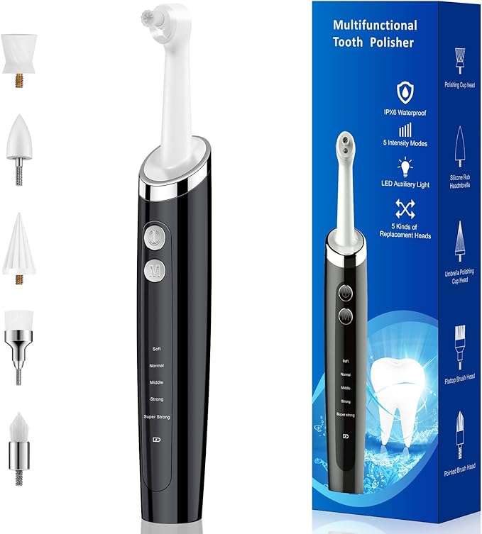 Tooth Polisher Rechargeable Teeth Polisher for Daily Cleaning Whitening and Polishing Electric Dental Teeth Polishing with LED Light 5 Brush Heads 5 Speed Modes Waterproof