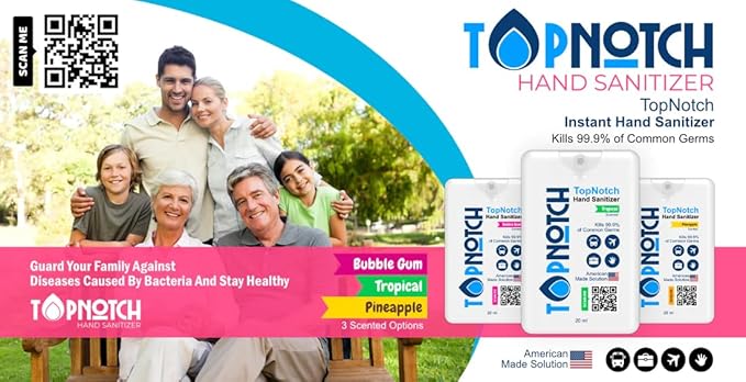TOP NOTCH Hand Sanitizer Pack of 24 Pocket Spray (20ml) Variety Pack Tropical Bubblegum Pineapple