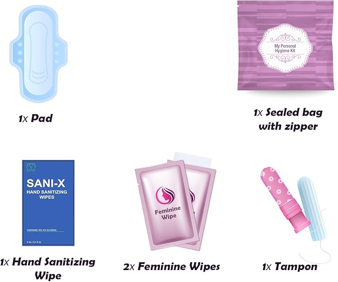 Purple Style Menstrual Kit All-in-One 10 Pack | Convenience on The Go | Period Kit Pack for Travelling Tweens &amp Teenagers or just When You’re Out | Individually Wrapped Feminine Hygiene Product