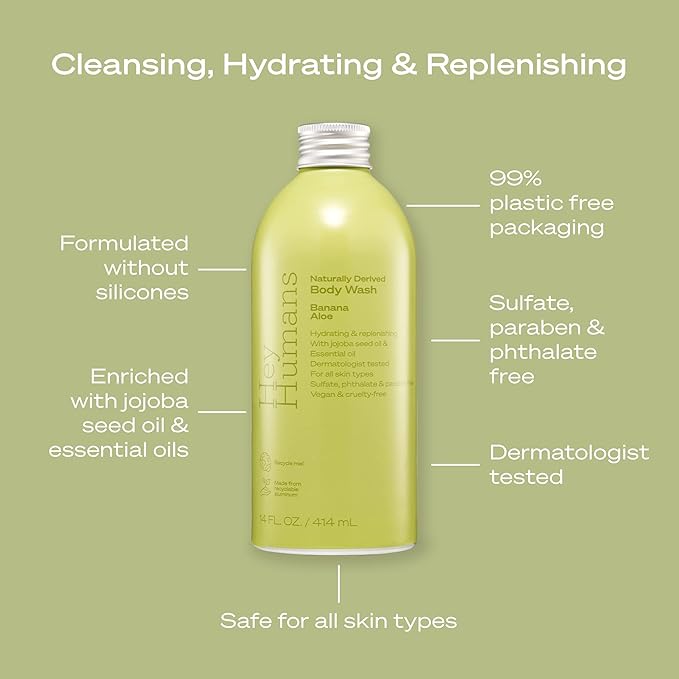 Hey Humans Banana Aloe Moisturizing Body Wash with Natural Ingredients &amp Jojoba Oil | Clean Vegan Sulfate Free Bath &amp Body Wash for Women &amp Men | Recyclable Bottle 14 fl. oz. - Pack of