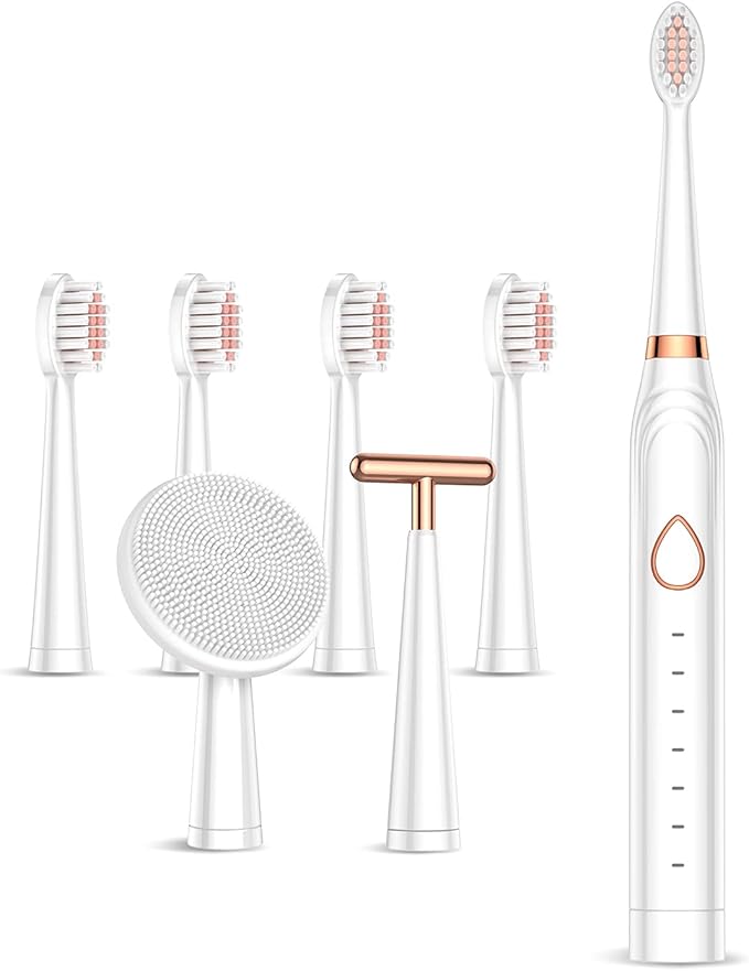 Sonic Electric Toothbrush USB Rechargeable Powerful Sonic Cleaning Tooth Brush with 6 Modes 5 Brush Heads + 1 Facial Cleansing Brush Head + 1 Face Massage Head Whitening Toothbrushes