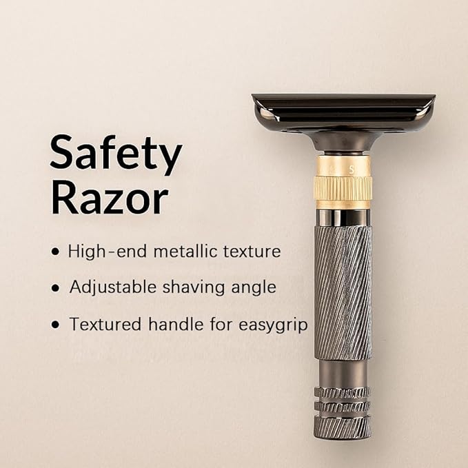 Luxurious and beautifully adjustable double-edged safety razor with 10 platinum-plated stainless steel razor blades reusable razor kit eco-friendly smooth close shave (Glossy Black + Base)