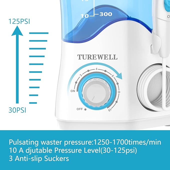 TUREWELL Water Dental Flosser for Teeth/Braces Water Teeth Cleaner 8 Jet Tips and 10 Pressure Levels 600ML Large Water Tank Oral Irrigator for Family(White)