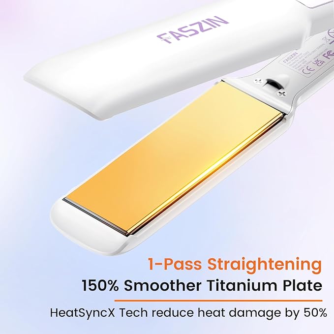 Faszin Professional Hair Straightener 1.65inch Wide-Plate Titanium Negative Ion Flat Iron 30s Rapid Heating LED Temp Display Wide Voltage &amp 10 Adjustable Temp Levels (260-450℉)-Cream-White