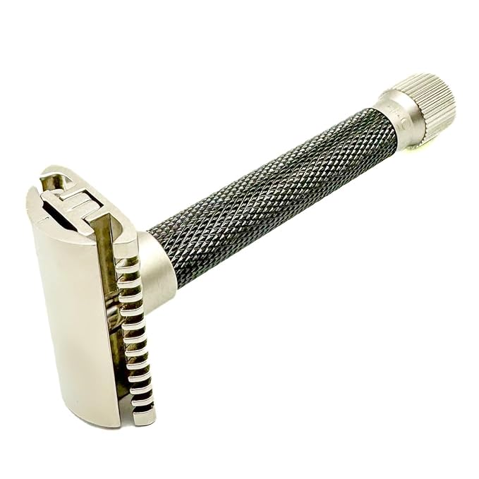 Parker THE VARIANT OPEN COMB - ADJUSTABLE Double Edge Safety Razor Customize your Shave with a Turn of the Dial from Mild to Aggressive - 5 Blades Included (Graphite Gray)
