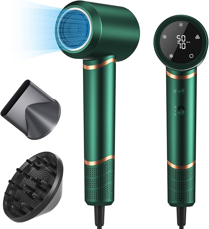 Hair Dryer Negative Ionic Blow Dryer for Fast DryingLow NoiseThermo Control Hair Dryer 2 Speed and 3 Heat SettingsCold Air Button with 1 Diffuser 110000 RPM High Speed Brushless Motor (Green)