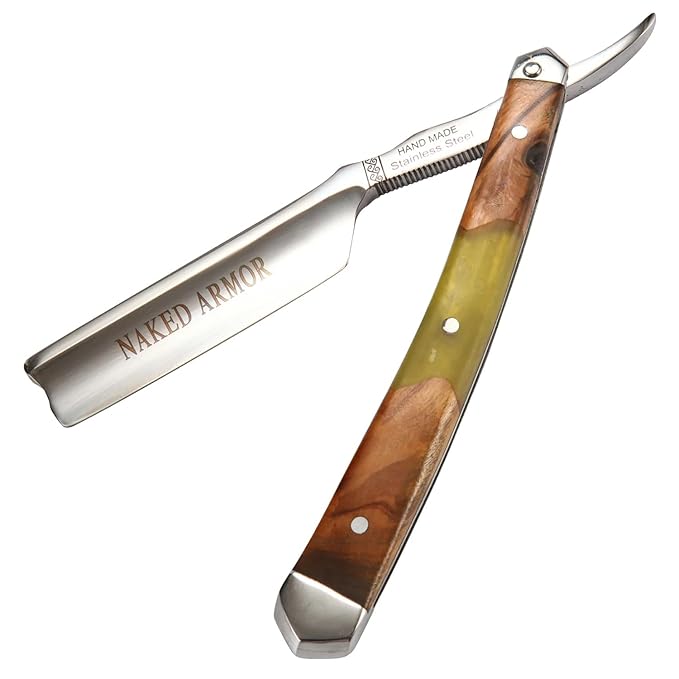 Naked Armor Professional Straight Razor for Men - Shave Ready 7/8 Japanese Stainless Steel Barber Razor - Griflet Straight Edge Razor with Sandalwood Handle Leather Travel Case &amp Gift Box