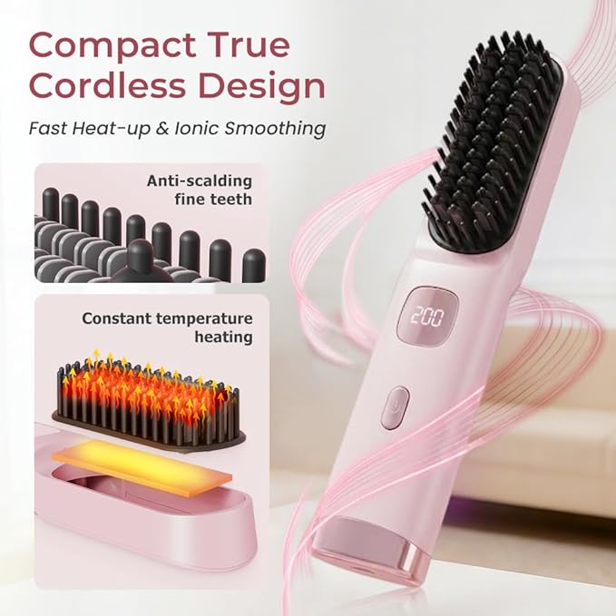 2026 New Go Brush for Short Hair Portable Hair Straightener Cordless Travel Straightening Hair Comb with 4 Temperature Settings Fast Heating Ceramic Brush for Home Use (Black)