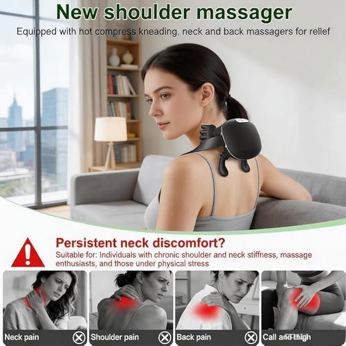 CBQ Neck and Shoulder Massager with Heat for Pain Relief Deep Tissue Bionic Hand Massager for Back Neck Relaxation Cordless Portable Home Office Travel Massage Adjustable Intensity