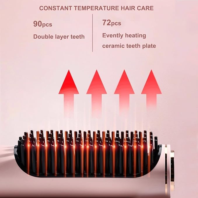 Cordless Hair Straightening Brush with 3 Levels Temperature Auto-Off Anti-Scald Hot Travel Heated Comb USB C Type C Portable Hair Straightener - Pink