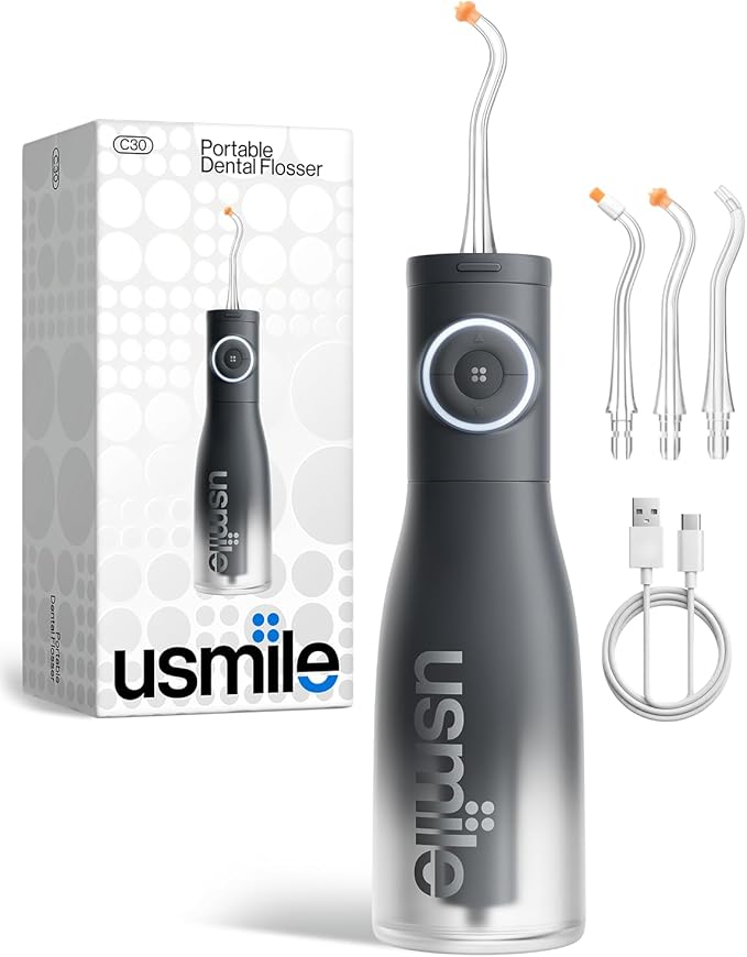 usmile C30 Cordless Water Flosser 300ml Large Tank 5 Pressure Levels Deep Clean S-Shaped Nozzles for Braces &amp Sensitive Gums USB-C Rechargeable IPX7 Waterproof Portable Travel &amp Home Use