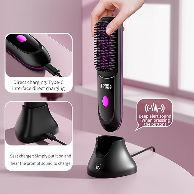 Go Brush Pro Hair Straightener Portable Go Brush Pro Cordless Hair Straightener Comb 3 Temperature Control Settings Rechargeable for Travel and Everyday Use (White)