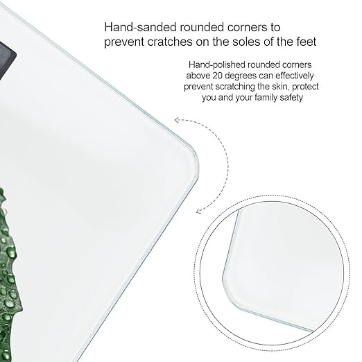 There is Water on The Leaves Scale for Body Weight Anti-Slip Tempered Glass Digital Bathroom Scales Clear LCD Display Weighing Scale Safe Rounded Corners Smart Scales