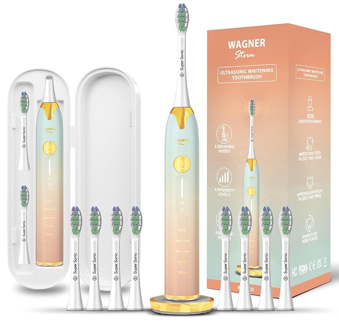 Wagner Stern Ultrasonic Toothbrush with Pressure Sensor Peach/Blue Battery Powered Unisex-Adults