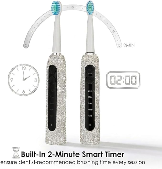 Diamond Sonic Electric Toothbrush Bling Rechargeable Toothbrushes for Adults with 6 Brush Heads Vibrating Toothbrush-5 Modes USB-C Fast Charge2Min Smart TimerIPX7 Waterproof(White)