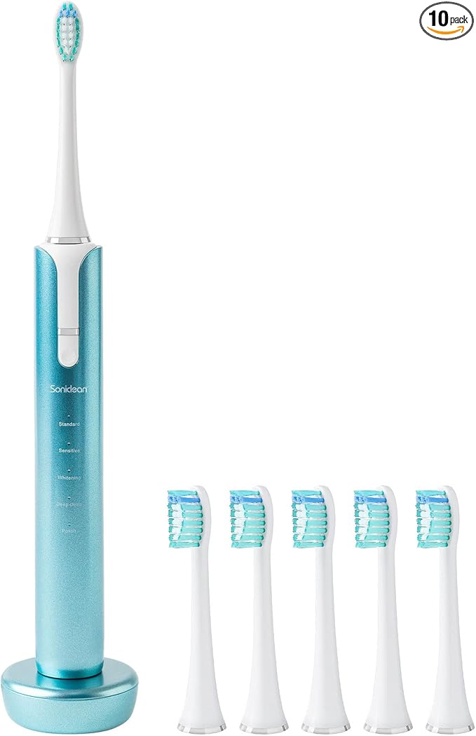 Soniclean Lux Sonic Toothbrush for Adults - 6 Toothbrush Heads Rechargeable Automatic Refills Aqua