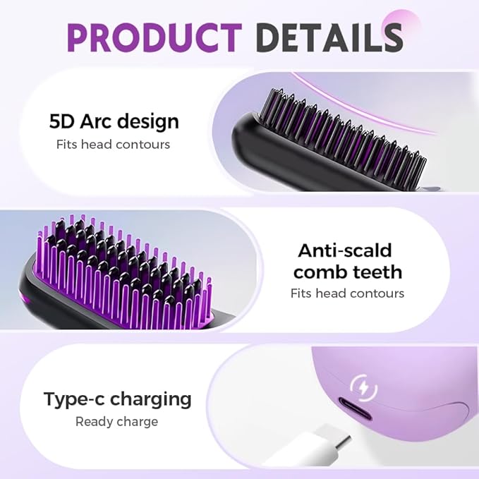 Cordless Hair Straightener Brush 2025 New Portable Hair Straightener Fast Heating MCH Ceramic Brush for Smooth Frizz Free Hair USB Rechargeable for Short Long Hair Travel Vacation Home (Black-A)