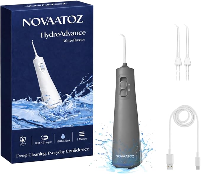 HydroAdvance Cordless Water Flosser for Teeth &amp Gums | Rechargeable Portable Oral Irrigator for Braces &amp Travel | Pulse Cleaning with 2 Flossing Tips | Waterproof Dental Care Device (Gray)