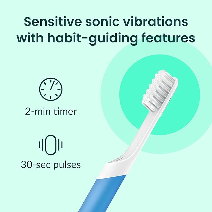 Quip Sonic Electric Toothbrush for Adults - Time Travel &amp Soft Bristles with Travel Case &amp Replacement Brush Head - 3 Month Battery Life Plastic Handle - Blue