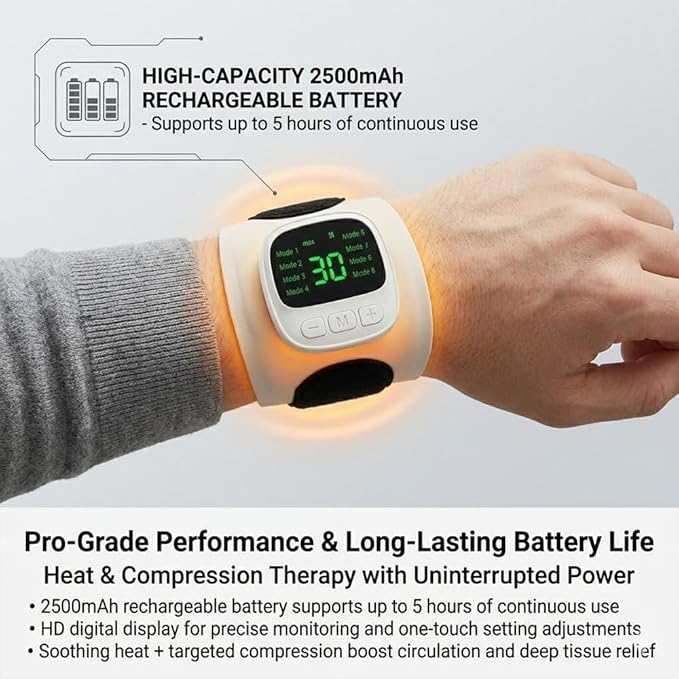 Rechargeable Adjustable Electric Wrist Massager Portable Cordless Hand Massager with Heat and Compression 10 Modes 29 Intensities Wearable Heating Pad fo Sports (White)