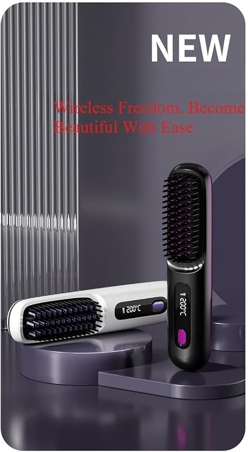 .Portable Cordless Hair Straightening Brush Mini Travel Size Ceramic Coating Anti-Scald Design Black Blue White and Pink (Black)