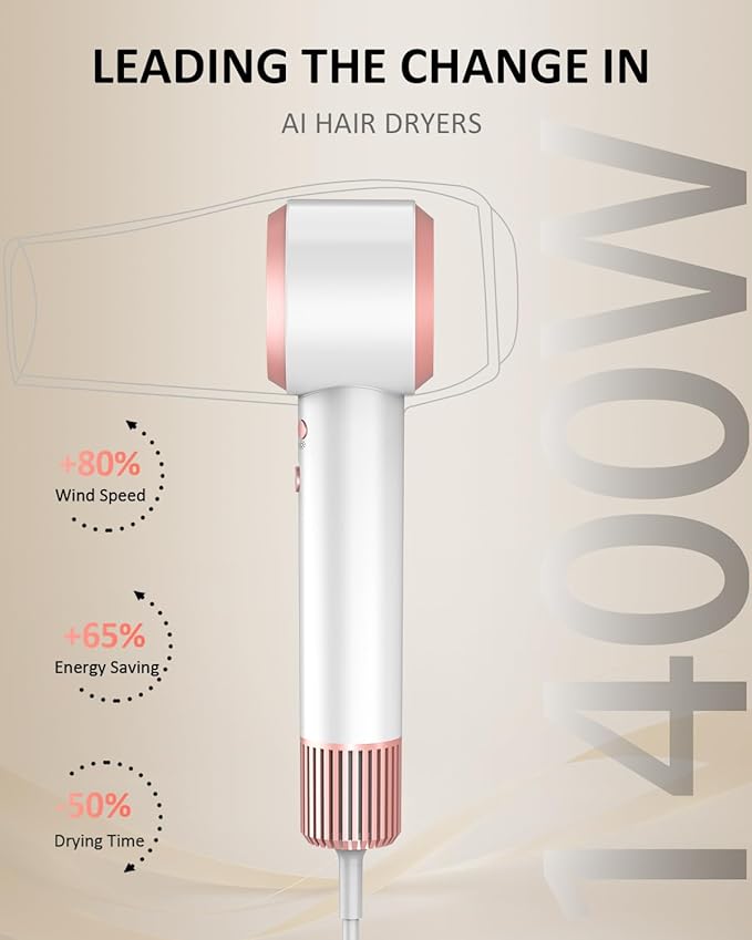 Hair Dryer AI Smart 160000 RPM High-Speed Brushless Motor Plasma Ion AI Blow Dryer with Diffuser for Fast Drying Professonal 4Temp/3Speed Thermo-Control Lightweight AI Hairdryer for Women Men Travel