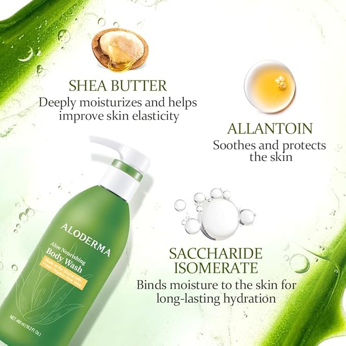Aloderma Aloe Shower Set - Nourishing Body Wash Hydrating Facial Cleanser - Refreshing Soothing Hydrating