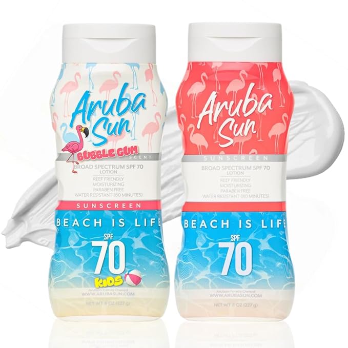 Kids SPF 70 Bubble Gum Sunscreen &amp SPF 70 Sunscreen Lotion Bundle | Reef Safe Water-Resistant Non-Greasy Broad Spectrum UVA/UVB Protection | Aruba Reef Act Compliant 8 oz Each