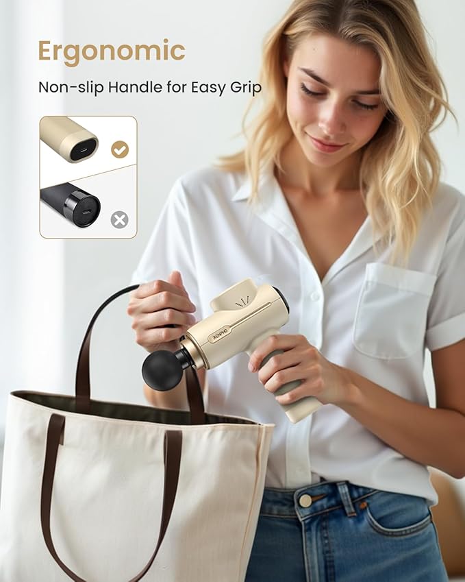 RENPHO Active Massage Gun Deep Tissue Percussion Massager for Back and Neck Portable Handheld Massager with 5 Speeds 5 Attachments Carry Case Beige