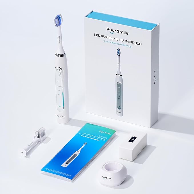 LED Electric Lumi Toothbrush - 2 (Blue led) Brush Heads for Adults | 4 Cleaning Modes with Smart Timer IPX7 Waterproof Long-Lasting Battery &amp Wireless Charging Base (White)