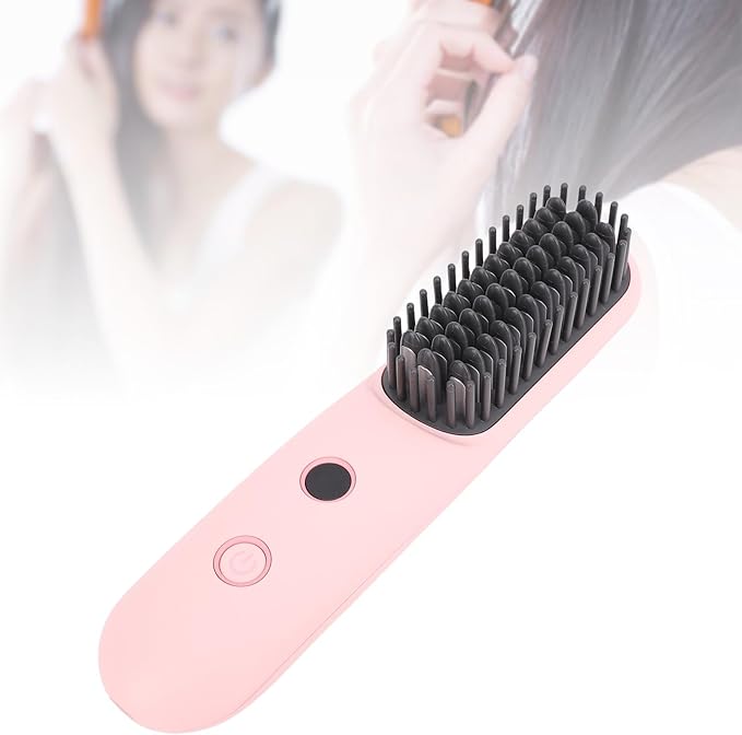 Negative Ionic Hair Straightener Portable Brush Cordless Hair Straightening Comb 2 in 1 Curler with 6400mAh Battery 3 Temp Settings 160C180C200C for Travel &amp Home(Pink)