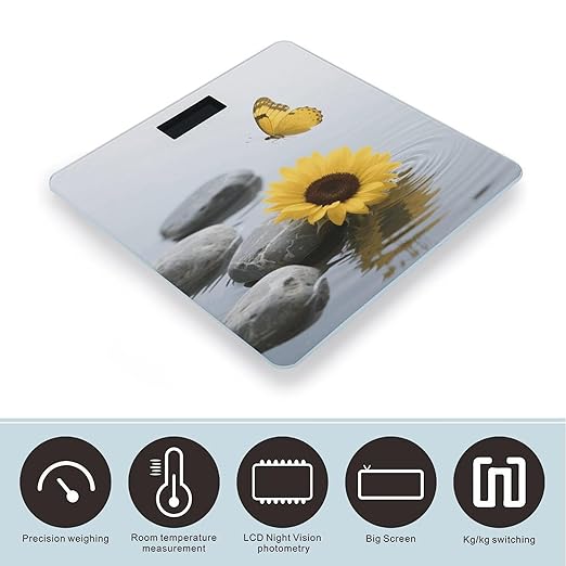 Yellow Flower Butterfly with Zen Stone Weight Scale Cute Bathroom Scale for Body Highly Accurate Digital Weighing Machine for People Compact LCD Display Scales with Sturdy Toughened Glass Scales
