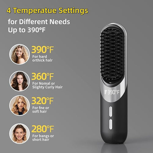 2-in-1 Cordless Hair Styling Brush &amp Straightener - Smart with 4 Temperature Settings Fast 30-Second Heating USB Rechargeable Travel Flat Iron with Pouch Ceramic Plates (Black)