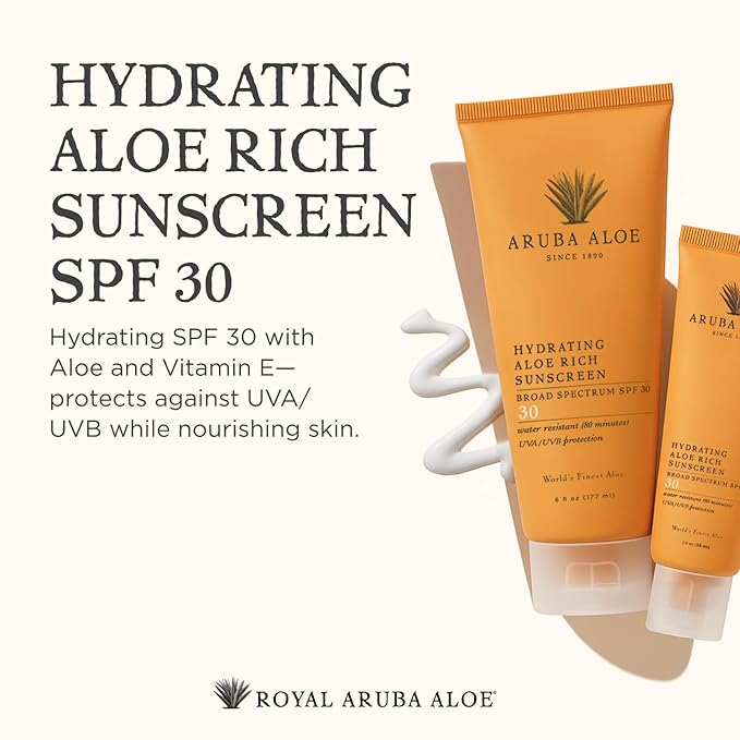 Aruba Aloe Hydrating Aloe Rich Sunscreen SPF 30 - Broad-Spectrum UVA/UVB Sunblock Lotion - Lightweight Water-Resistant Non-Greasy Sun Protection for Face and Body - 6 oz