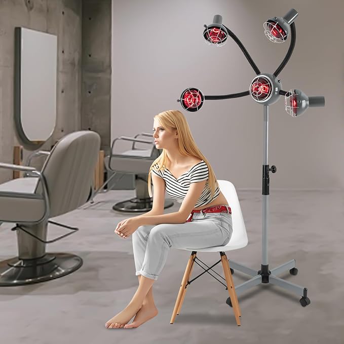 5 Head Infrared Heat Lamp Salon 750W Hair Color Processor Infrared Red Light with Rolling Wheels Adjusting Height Hair Salon Heat Lamps for Processing Silver-Grey