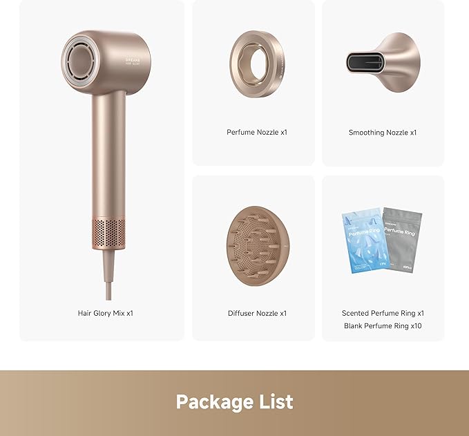 Dreame Glory Mix High-Speed Hair Dryer Dual Voltage 3 Magnetic Nozzles Perfume Infusion Customized Fragrant Drying NTC Control 300M Negative lons 110000RPM Motor 336g Lightweight Gold