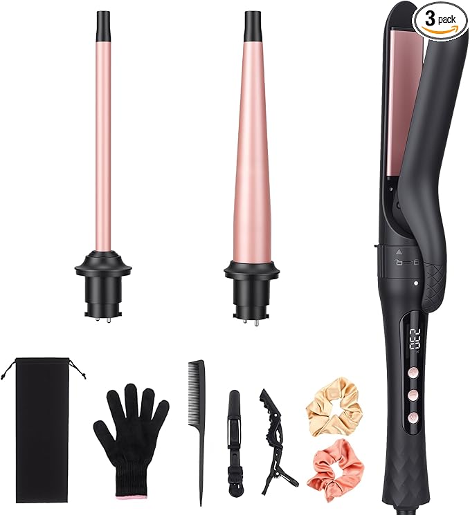 Curling Iron Set 3 in 1 Curling Wand with Interchangeable Ceramic Barrels 0.35 to 1 Inch Flat Iron Hair Straightener 14 Temps Fast Heat Dual Voltage Travel Hair Curler