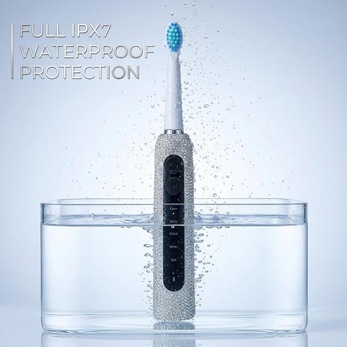 Diamond Sonic Electric Toothbrush Bling Rechargeable Toothbrushes for Adults with 6 Brush Heads Vibrating Toothbrush-5 Modes USB-C Fast Charge2Min Smart TimerIPX7 Waterproof(White)