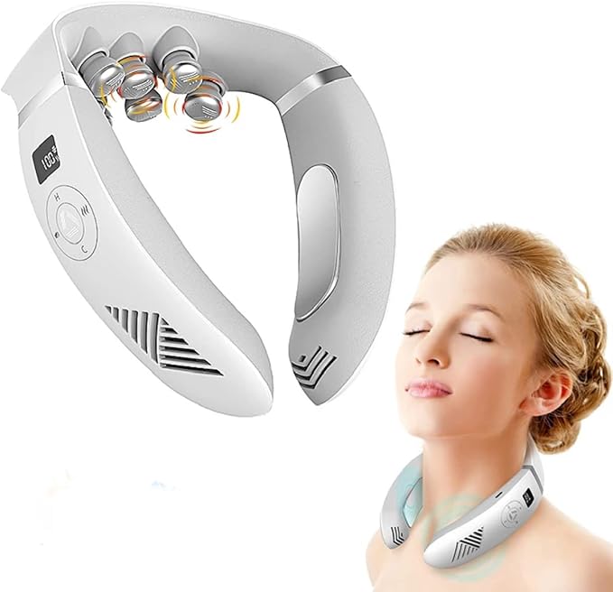 Portable Hanging Bladeless Massagers for Neck with 8 Bionic Massage Heads and Smart Heat and Cold Massager with 3 Adjustable Strength USB Rechargeable