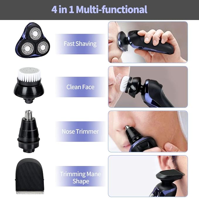 Electric Razor for Men 4 in 1 Rotary Men Shaver Beard Trimmer Electric Shaver Waterproof USB Fast Charging Cordless Beard Nose Hair Trimmer Men Electric Razor Best Gift for Dad Boyfriend